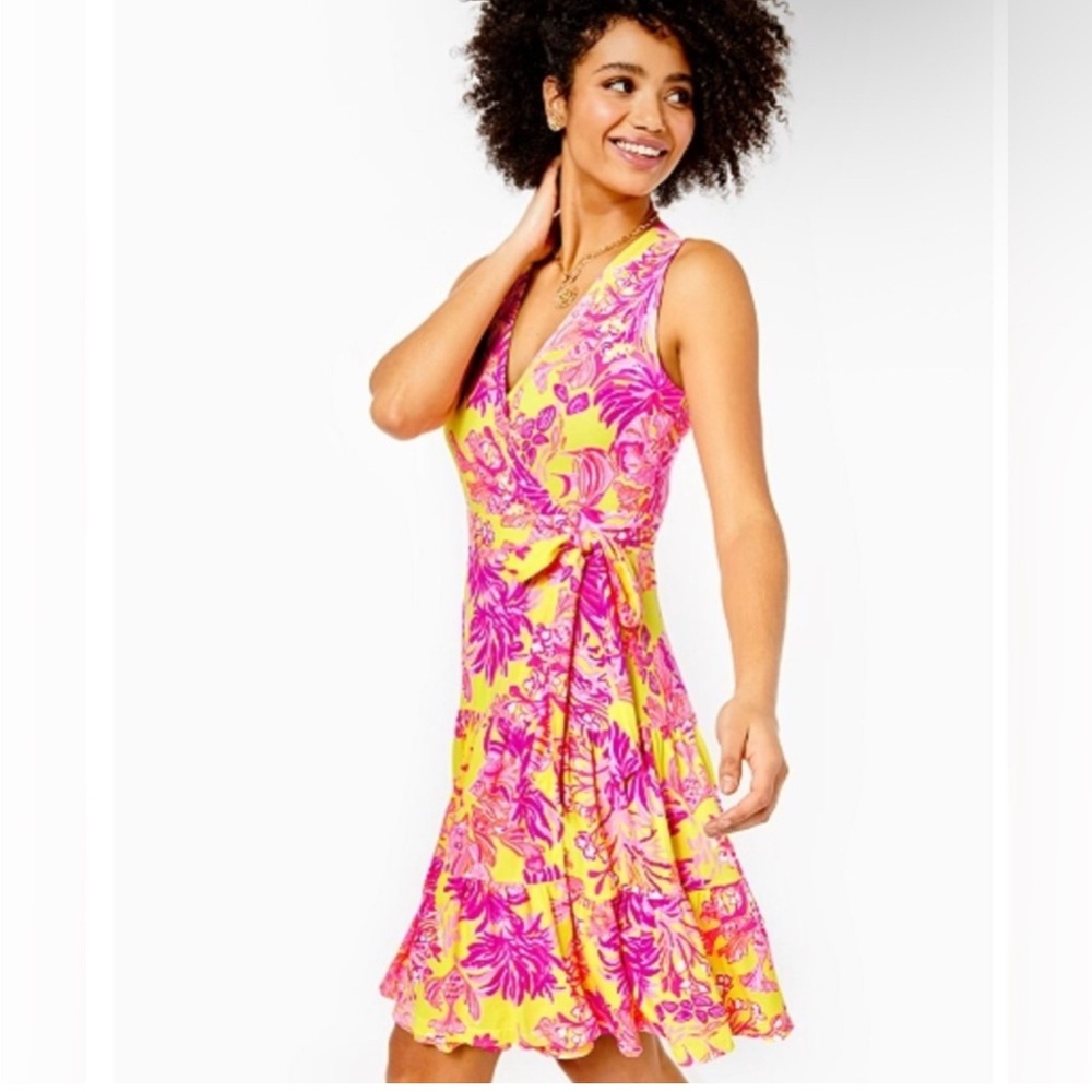 Lilly Pulitzer Folly Floral Wrap Yellow and Pink Floral Dress